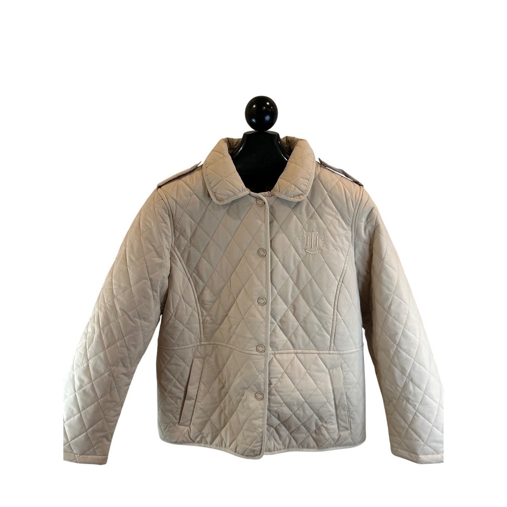 Tommy Hilfiger Quilted Jacket Women‎ Beige Collared Button Down Logo Size L